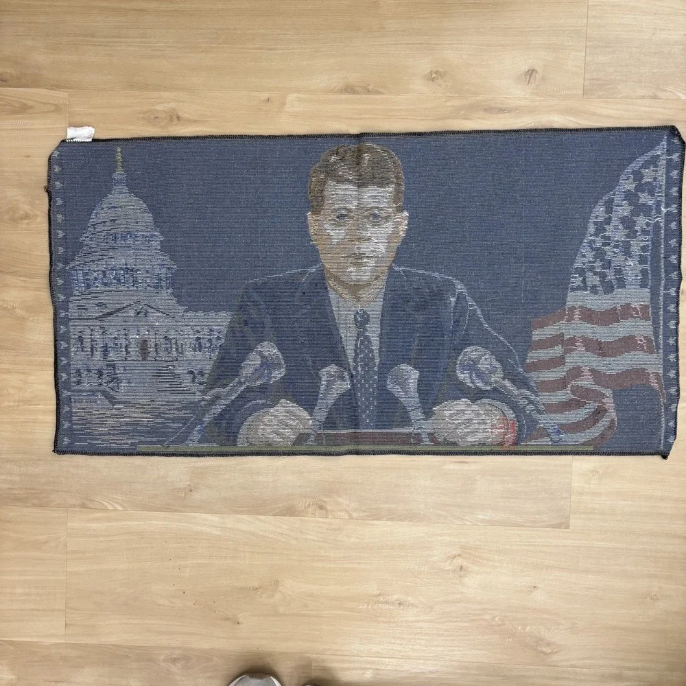Vintage 1960's John F. Kennedy Tapestry Wall Rug Presidential Art - 37 x 19 inch